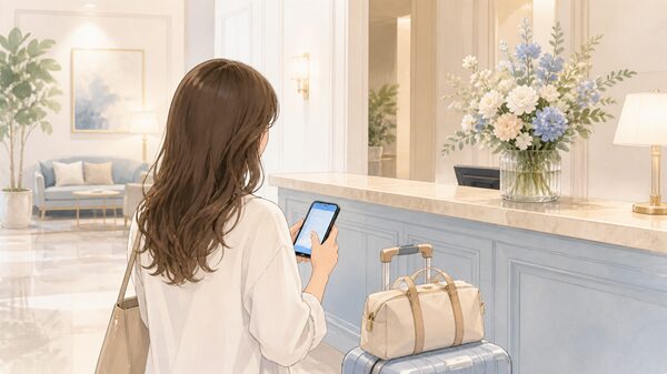 ホテルのチェックインに遅れそうなときにスマホで連絡する場面のイラスト