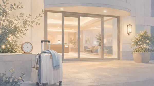 ホテルの最終チェックイン時間を過ぎそうなときに入口や時間を確認するイメージ