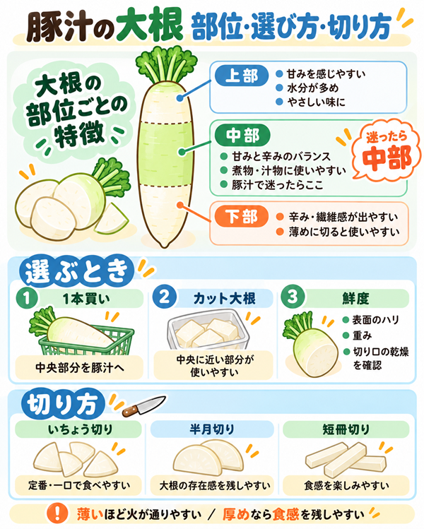 大根の上中下の特徴と豚汁向けの切り方
