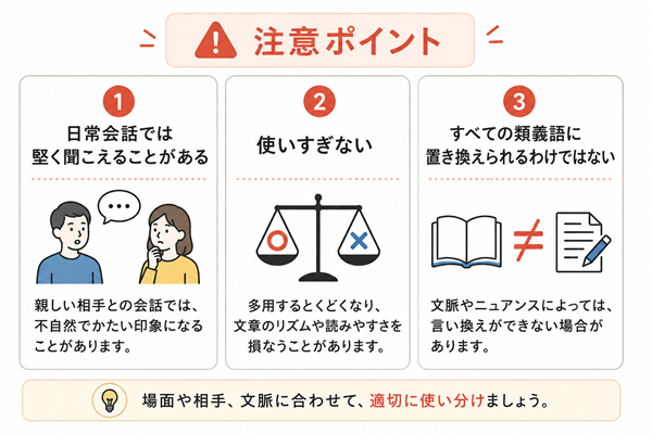 「もとより」を使うときの3つの注意点を示した図