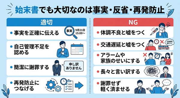 寝坊による遅刻で避けたい言い方と適切な対応を比較した図