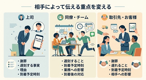 寝坊で遅刻するときの相手別の伝え方を整理した図