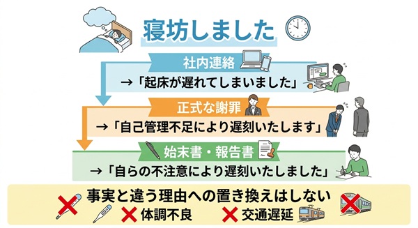 寝坊をビジネス向けに丁寧に言い換える表現の早見表