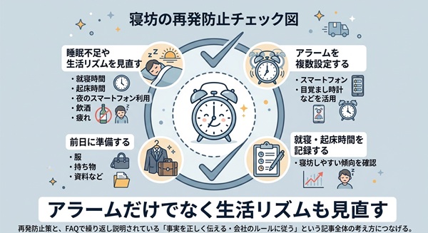寝坊の原因を見直し再発を防ぐための対策をまとめた図