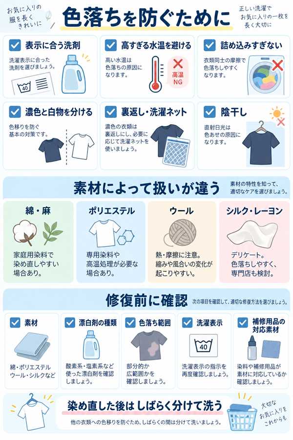 衣類の色落ちを防ぐ洗濯方法と修復前の確認項目