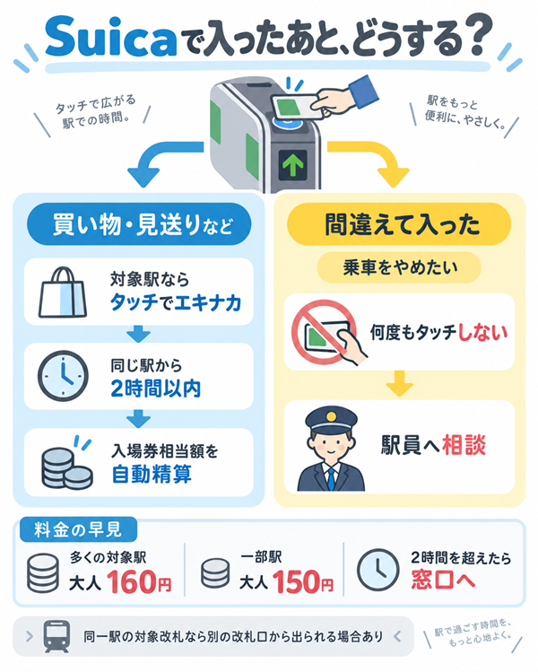 Suica入場後の目的別対応とエキナカ料金の確認方法