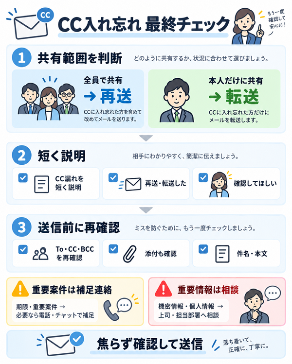 CC入れ忘れ時の再送・転送と送信前確認を整理