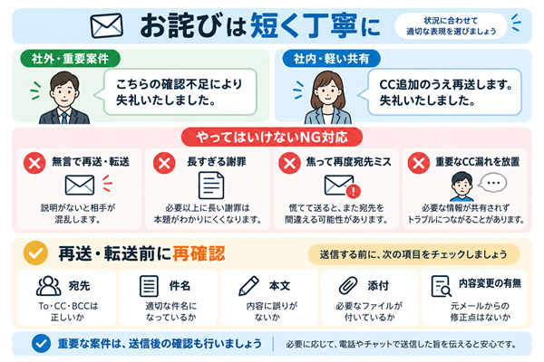 CC漏れのお詫び表現と避けたい対応、再送前確認