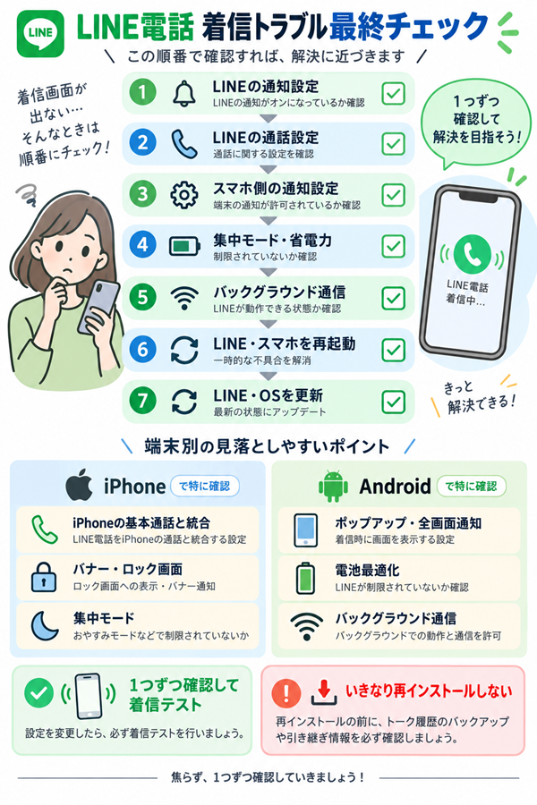 LINE電話の着信画面が出ないときの確認順をまとめる