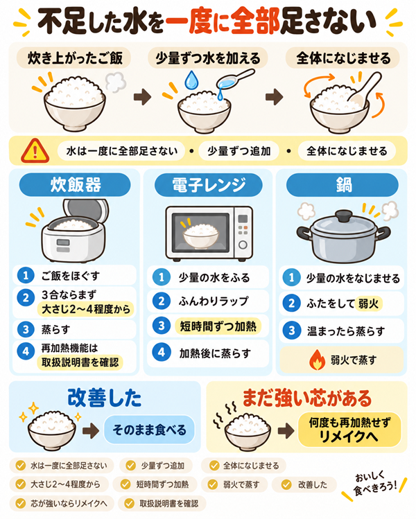 硬いご飯に少量の水を足して再加熱する方法