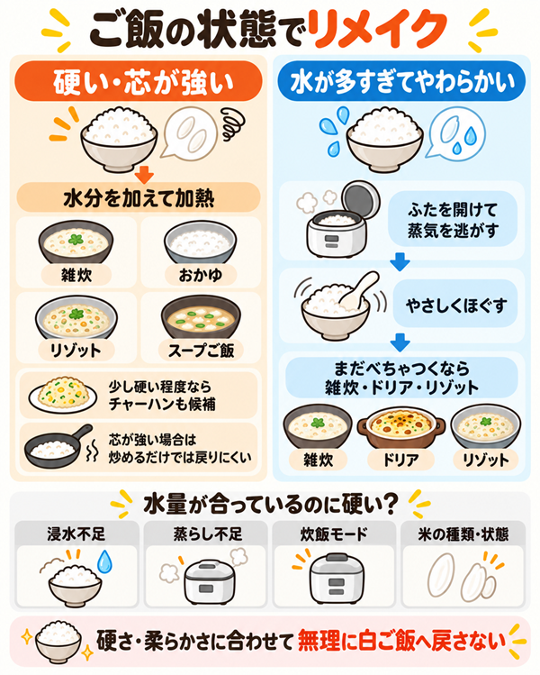 硬いご飯と柔らかいご飯の状態別リメイク方法