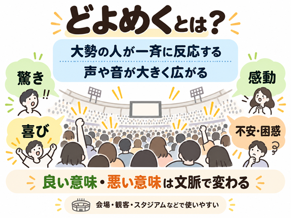 どよめくは大勢の人が一斉に声や反応を広げる様子