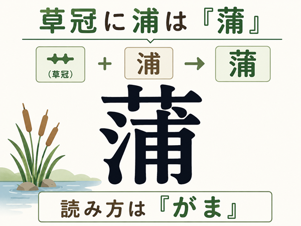 草冠と浦で「蒲」となり、読み方が「がま」と分かる図解