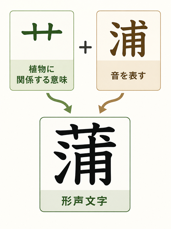 艹が意味、浦が音を表して「蒲」になる形声文字の図解