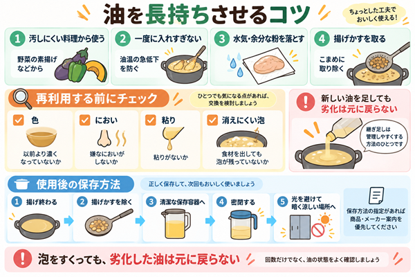 揚げ油を長持ちさせる使い方と再利用前・保存時の確認