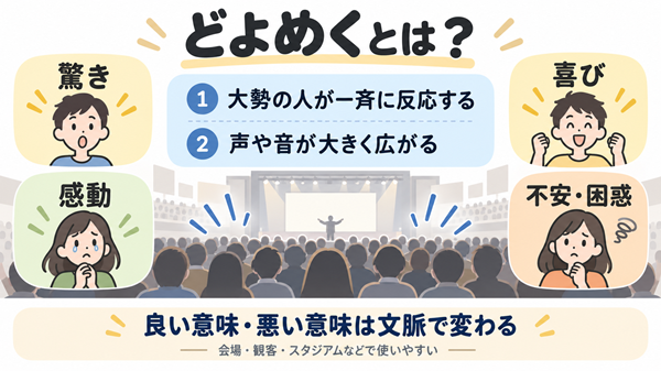 どよめくは驚きや感動、不安など大勢の反応に使う