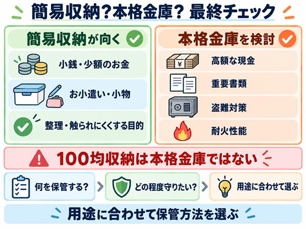 簡易収納と本格金庫を保管物と性能で使い分ける