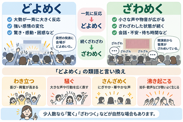 どよめくとざわめく、類語のニュアンスの違い