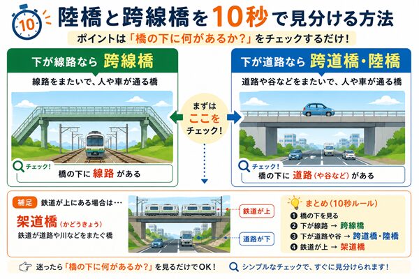 橋の下が線路なら跨線橋、道路なら跨道橋・陸橋、鉄道が上なら架道橋と見分ける方法を示した図解