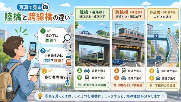 街中の橋を観察しながら、橋の下が線路か、上を通るのが道路か鉄道か、歩行者専用かを確認して陸橋と跨線橋の違いを見分ける手順を示したイラスト