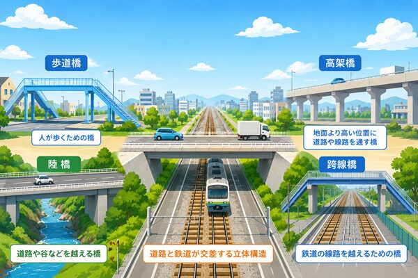 陸橋・跨線橋・歩道橋・高架橋の構造と用途の違いを比較したイラスト
