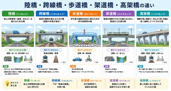 陸橋・跨線橋・歩道橋・架道橋・高架橋の構造と用途の違いを5種類で比較した図解