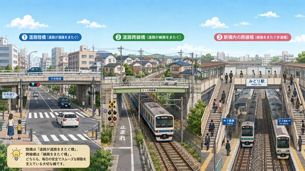 都市部の道路陸橋、住宅地の道路跨線橋、駅構内の跨線橋が日本の街並みで使われている様子を比較したイラスト