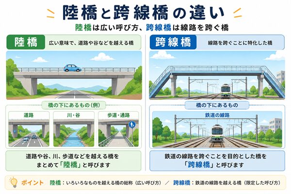 道路や谷などを越える陸橋と、鉄道線路を越える跨線橋の違いを左右で比較したイラスト