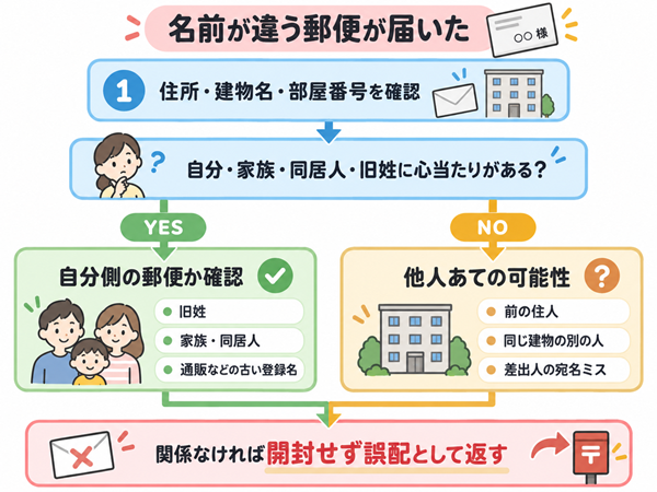 名前違いの郵便が自分側か誤配かを確認する流れ