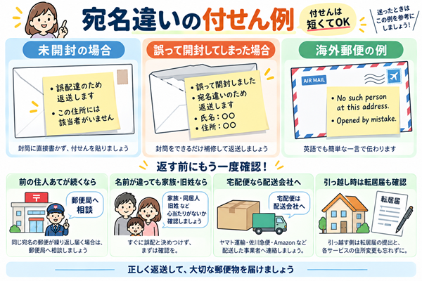 宛名違いの郵便を返すときの付せん記入例
