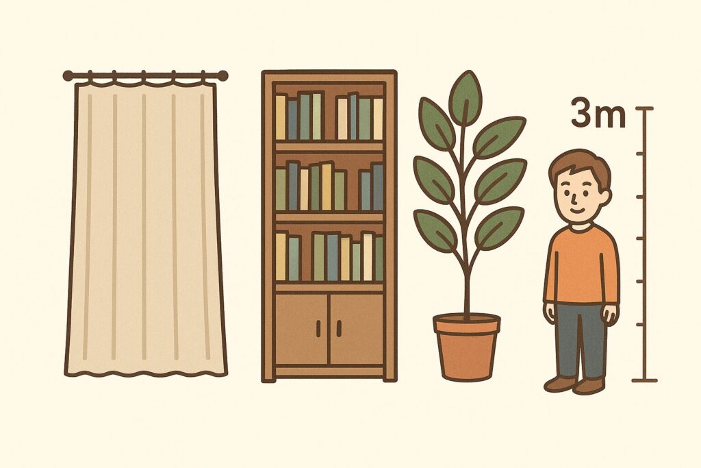 本棚とカーテンで3メートルを示した写真