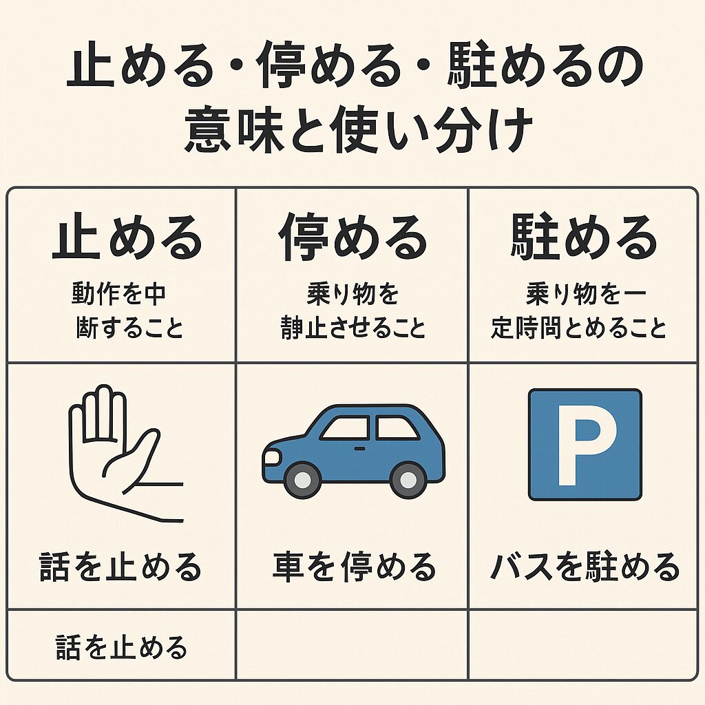基本の理解｜「止める」「停める」「駐める」の違いをチェック