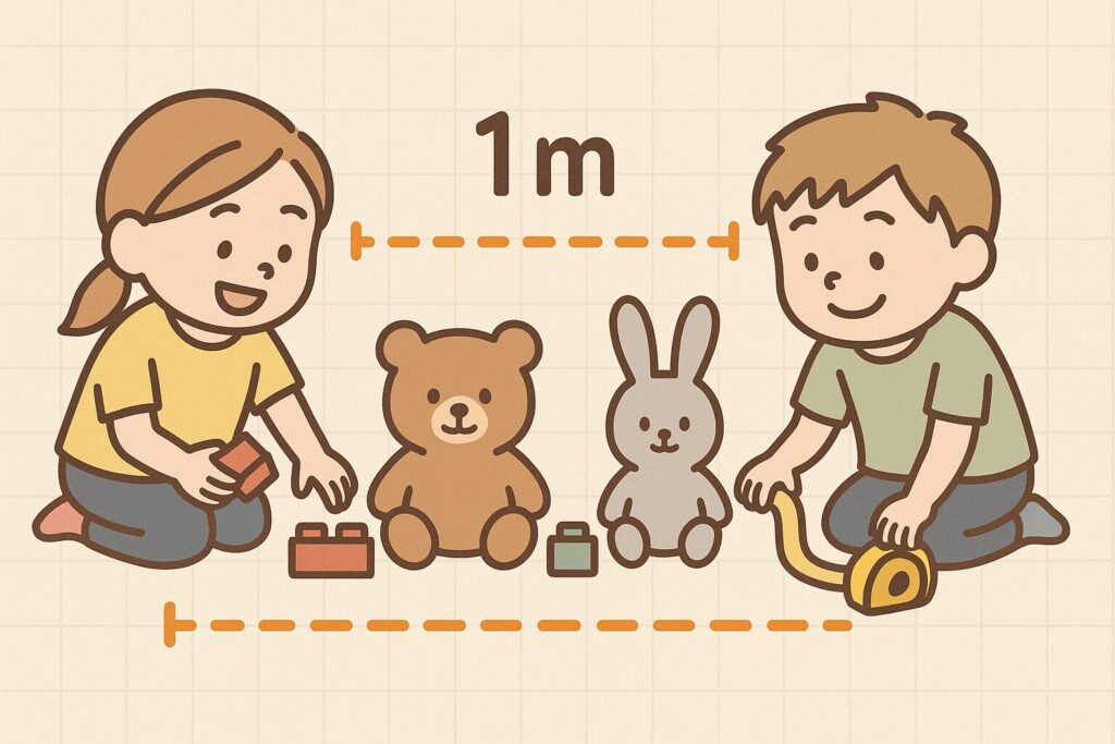 子どもがブロックを並べて3メートルを測っている様子