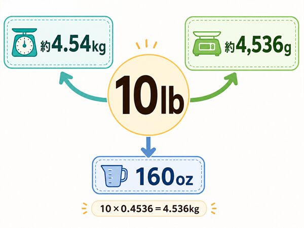 中央の10lbから、約4.54kg、約4,536g、160ozへ矢印で分岐し、下に換算式を添えた単位換算図