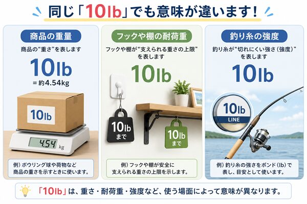 商品の重量、フックや棚の耐荷重、釣り糸の強度に使われる10lbの意味の違いを3分割で示したイラスト