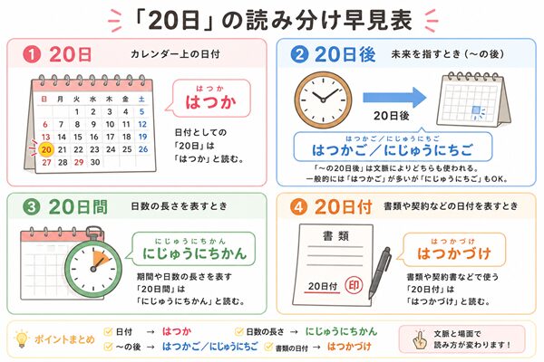 「20日」「20日後」「20日間」「20日付」の読み方を、カレンダーや時計、書類のアイコンで整理した早見表
