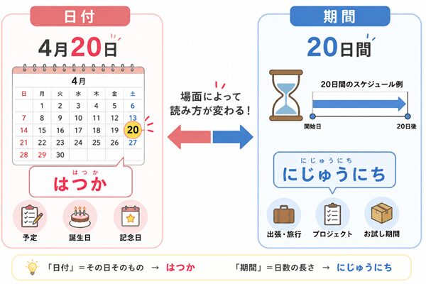 日付の「4月20日」は「はつか」、期間の「20日間」は「にじゅうにち」と読む違いを比較した図解