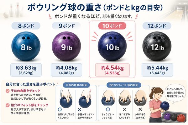 8ポンド、9ポンド、10ポンド、12ポンドのボウリング球をkg換算で比較し、10ポンド球と手首・指穴の選び方を示したイラスト