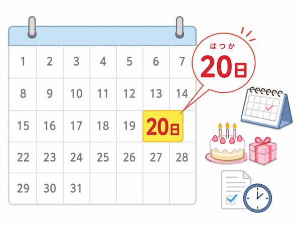 カレンダーの20日を黄色で強調し、「はつか」という読み方と予定や誕生日、締め切りを示したイラスト