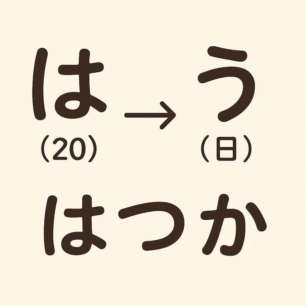 「はた(20)」+「うか(日)」→「はつか」変化図解