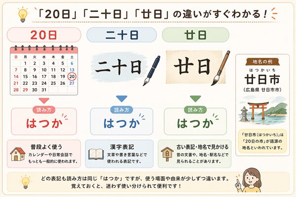 「20日」「二十日」「廿日」の表記と読み方の違いを比較し、地名の例として廿日市を紹介した図解