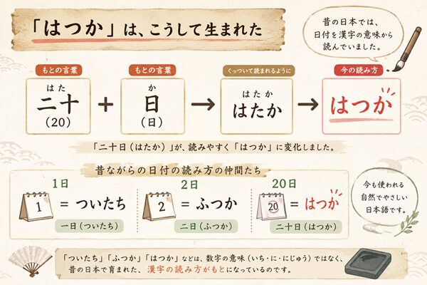 「二十(はた)」と「日(か)」から「はつか」へ変化した語源と、1日・2日・20日の昔ながらの読み方を示した図解