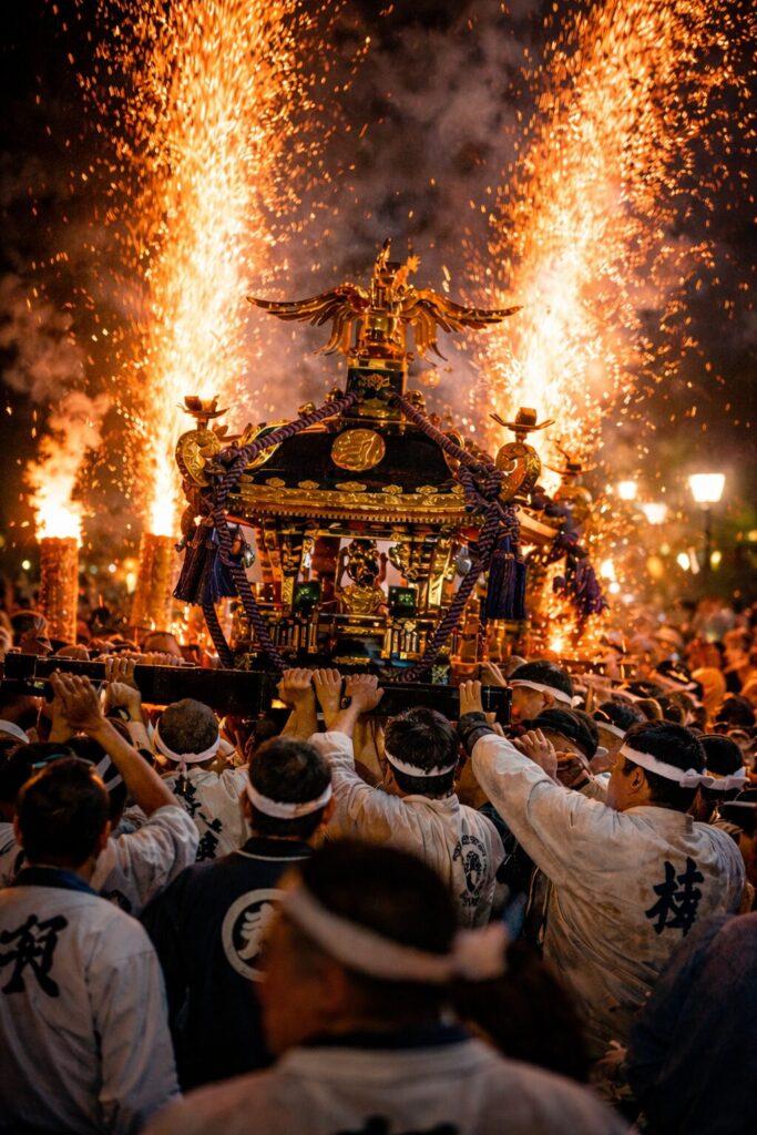 夜空に舞い上がる火花と、火の粉を背負って進む神輿の勇壮な様子