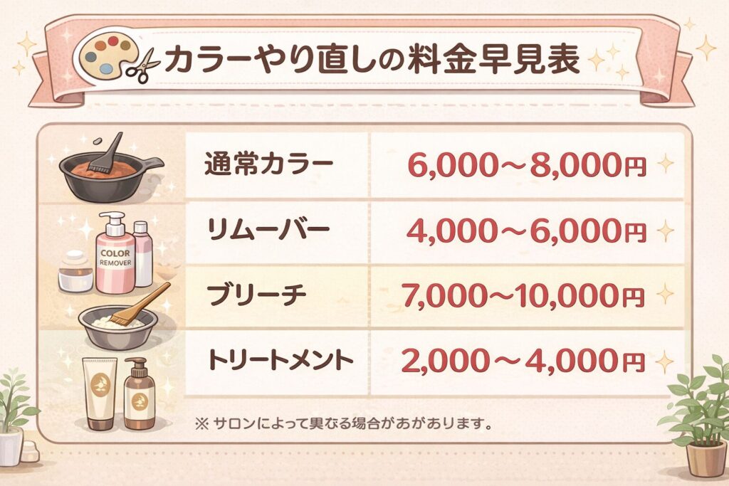 カラーやり直しの費用相場とメニュー別料金早見表