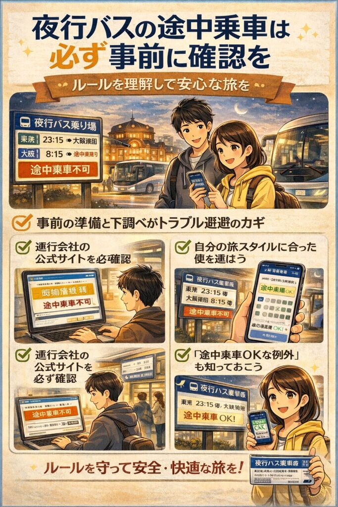 最後に：夜行バスの途中乗車は、必ず事前に確認を