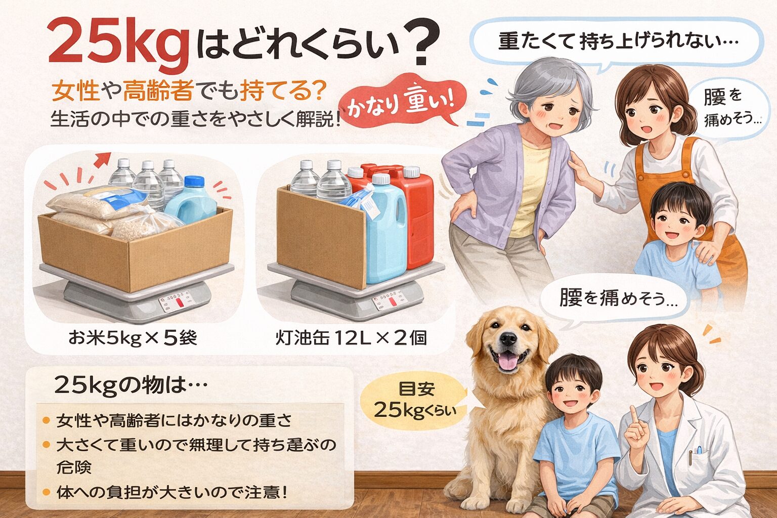 25kgはどれくらい？女性や高齢者でも持てる？生活の中での重さをやさしく解説！