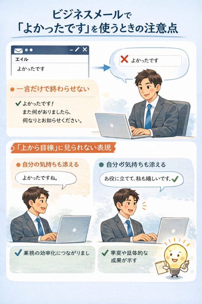 ビジネスメールで「よかったです」を使うときの注意点