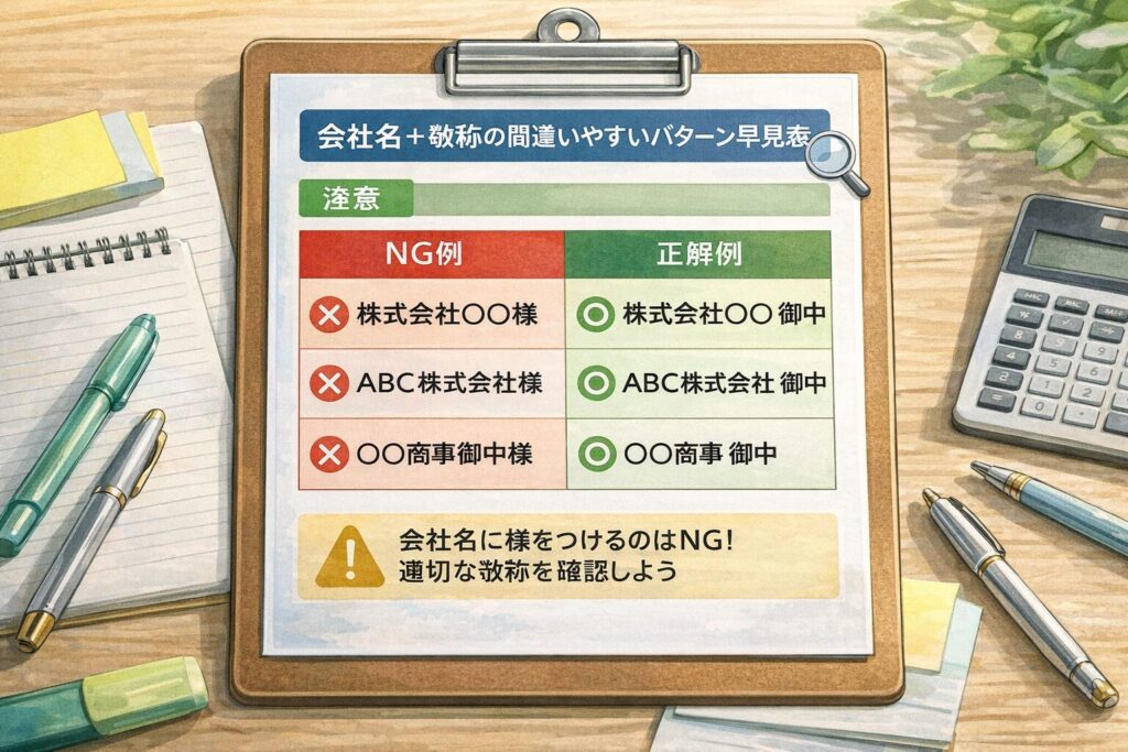 会社名+敬称の間違いやすいパターン早見表