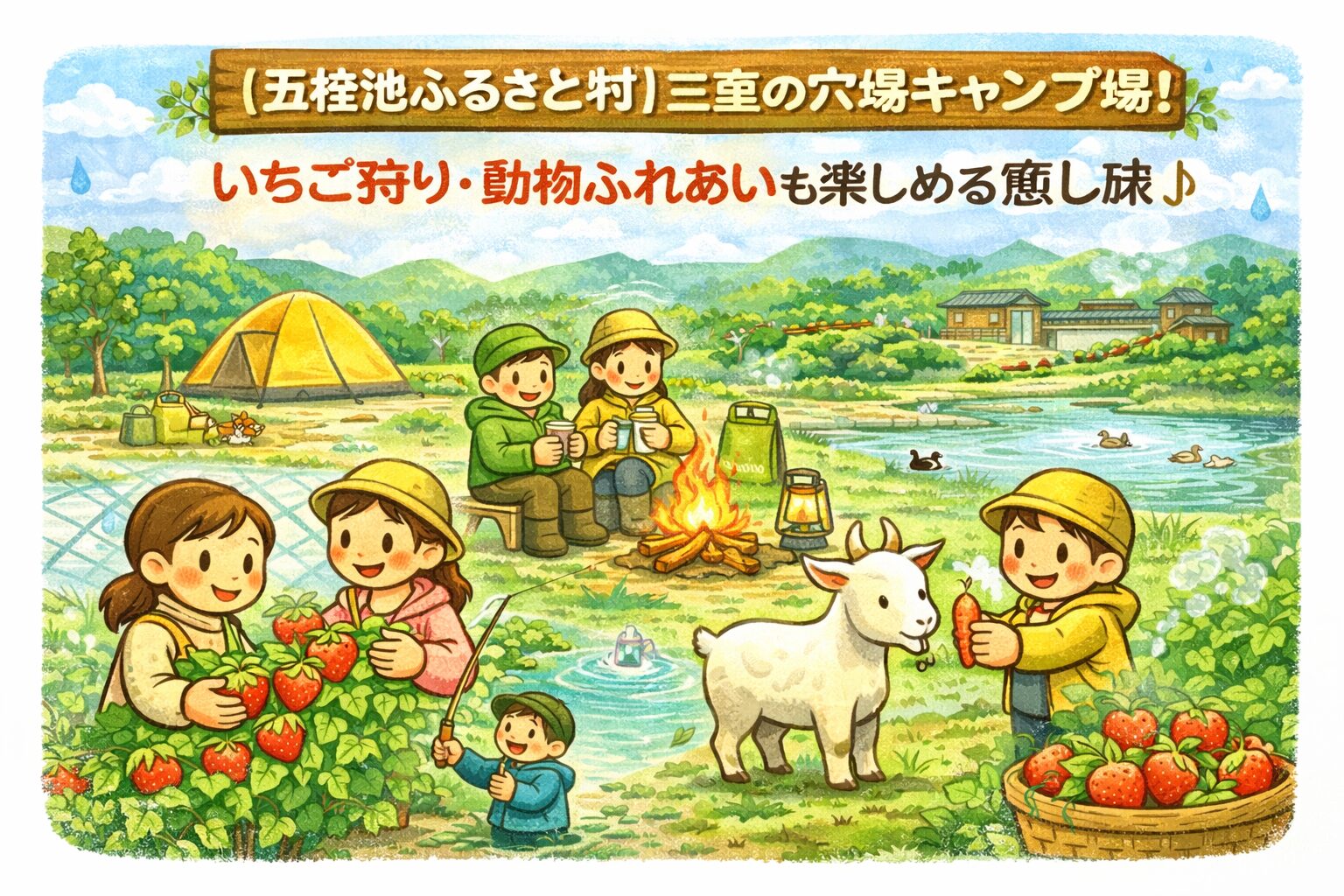 【五桂池ふるさと村】三重の穴場キャンプ場！いちご狩り・動物ふれあいも楽しめる癒し旅♪