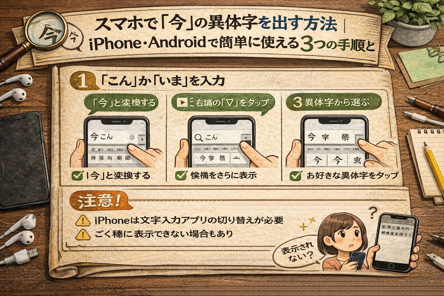 スマホで「今」の異体字を出す方法｜iPhone・Androidで簡単に使える3つの手順と注意点まとめ